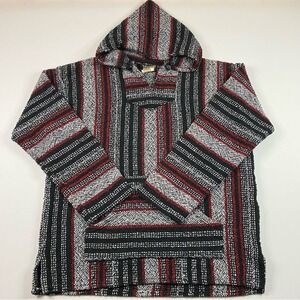 Poncho Hoodie Jacket Men's XL Red Black‎ Stripes Mexican Baja Drug Rug Hippie